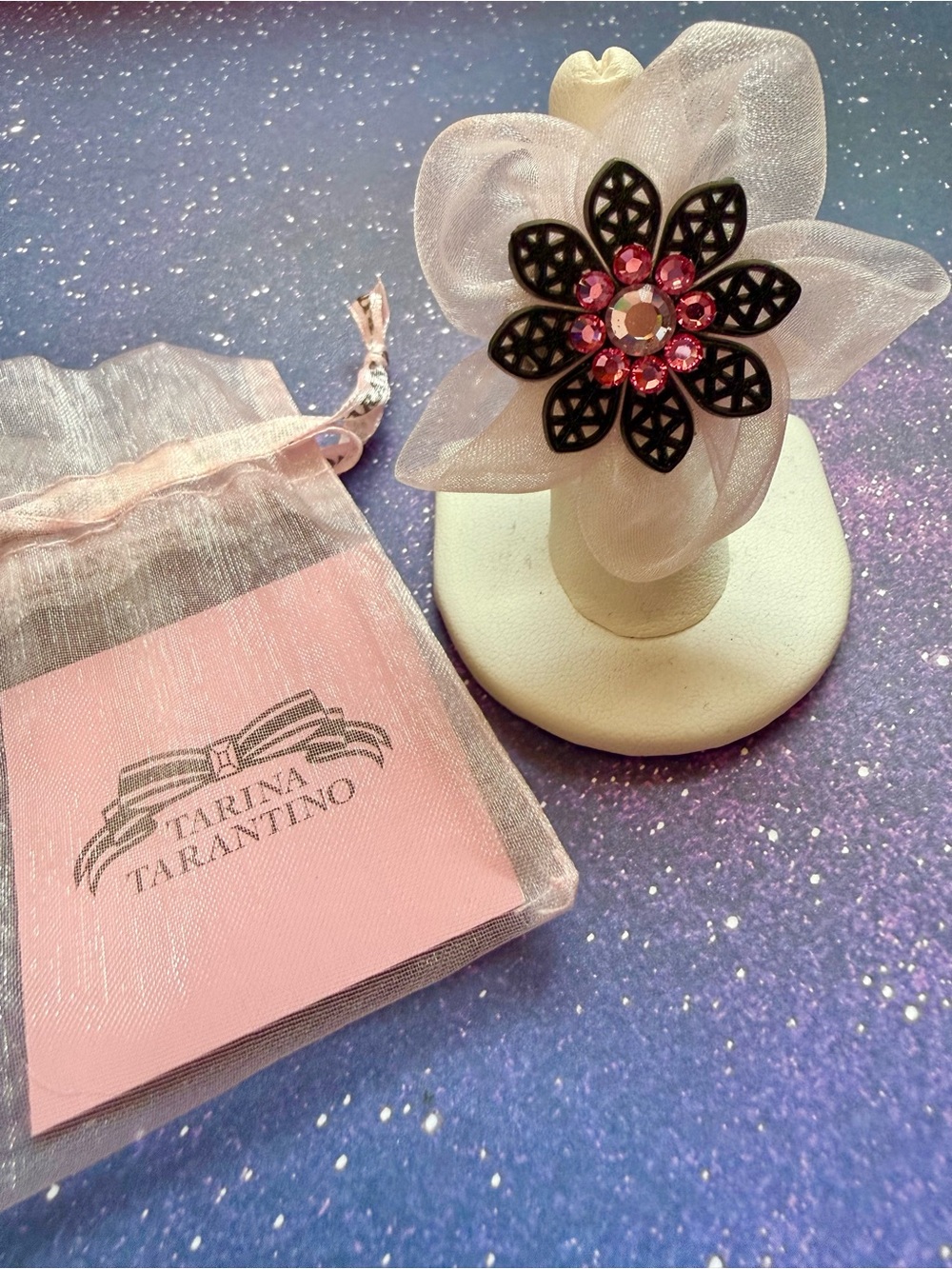 Rare Tarina Tarantino Vintage Tulle Fabric
Black and Pink Flower Ring New